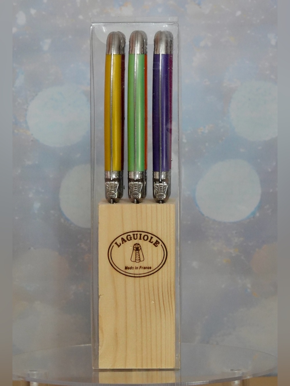 Jean Dubust Languiole Steak Knives Set of Six Multi-Colour Handles - New in Box.